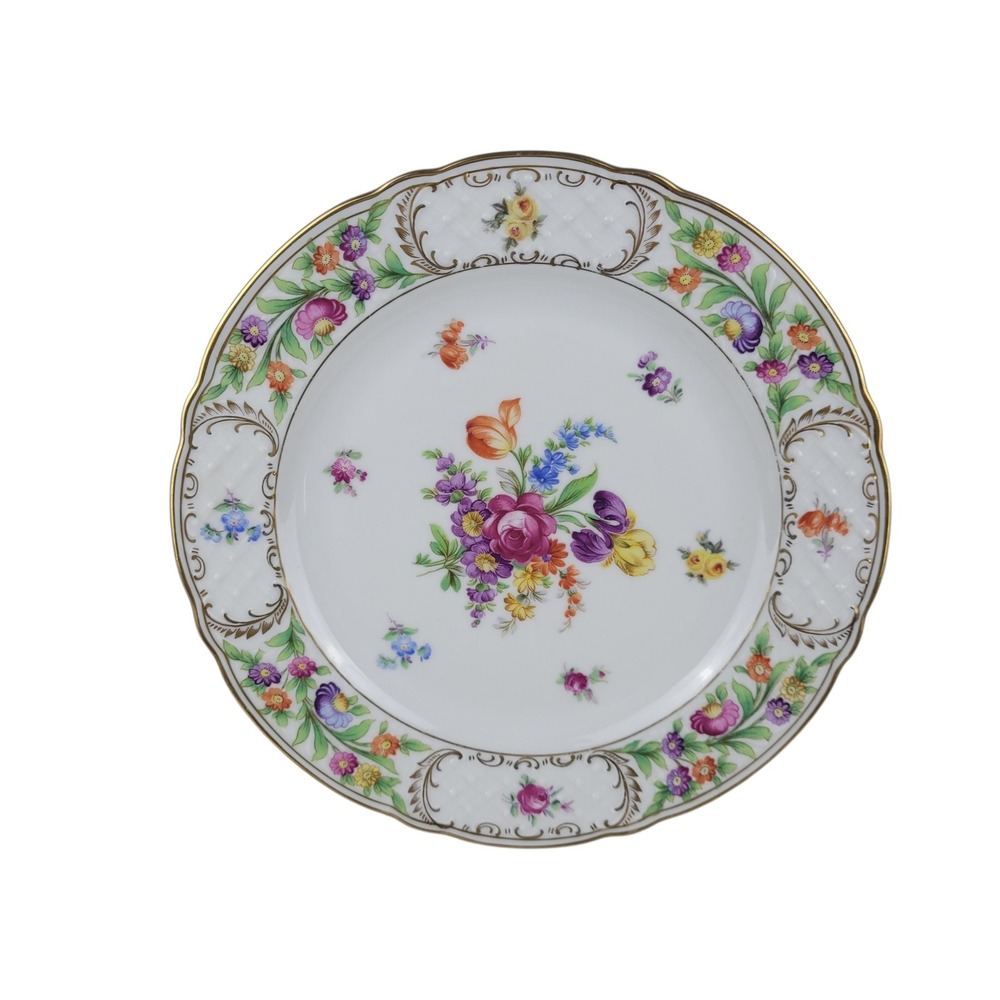 Schumann Germany Empress Dresden Flowers Porcelain Dinner Plate‎ Gold Trim 10"